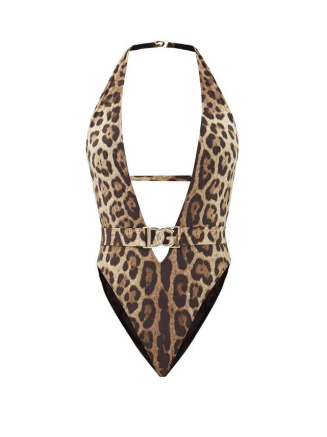 Plunge-neck Leopard-print High-leg Swimsuit In Animal Print Product Image