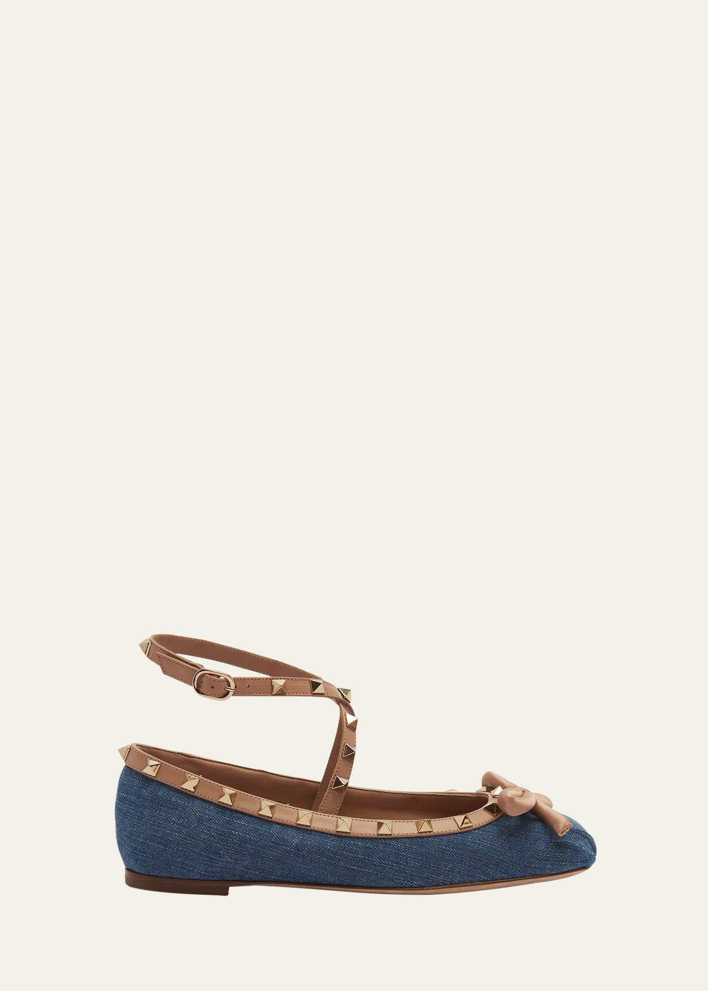 Rockstud Denim Ankle-Strap Ballerina Flats Product Image