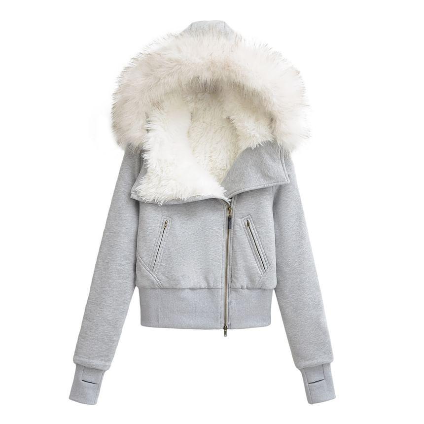 Long Sleeve Plain Fleeced Furry-Trim Hooded Zip-Up Jacket Product Image