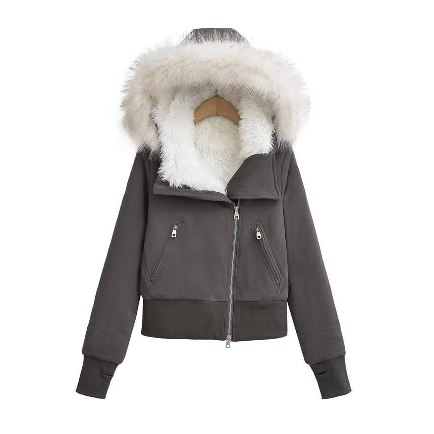 Fluffy Trim Hooded Zip Up Crop Jacket Product Image