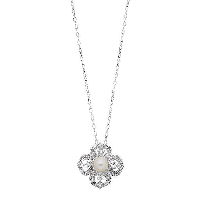 Sterling Silver Freshwater Cultured Pearl Cubic Zirconia Flower Pendant Necklace, Womens White Product Image