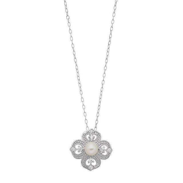 Sterling Silver Freshwater Cultured Pearl Cubic Zirconia Flower Pendant Necklace, Womens Product Image