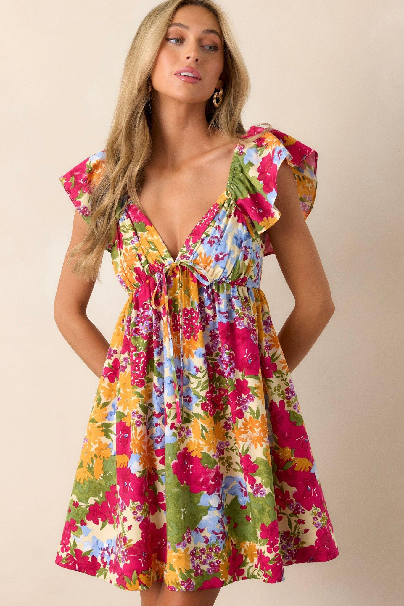 Be Alright Pink Floral Flutter Sleeve Mini Dress Product Image