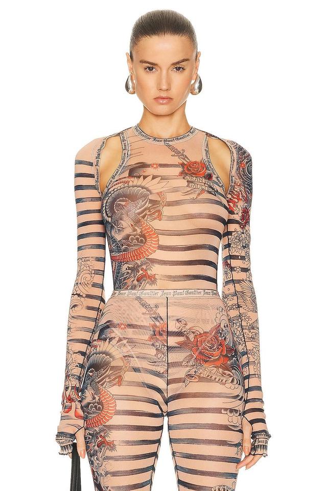 Jean Paul Gaultier Printed Mariniere Tattoo Long Sleeve Shawl in Nude Product Image