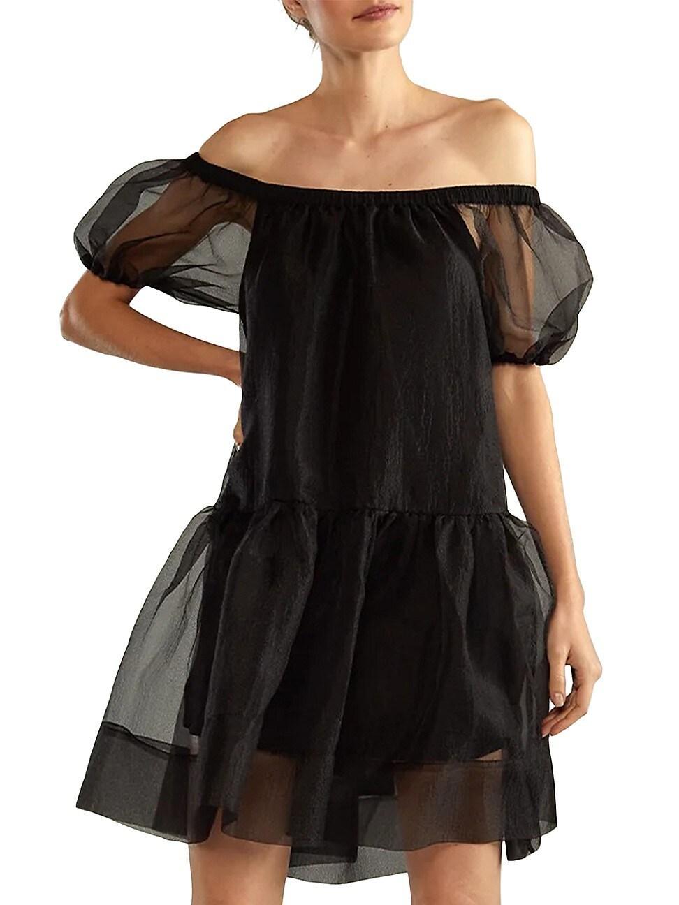 Off-Shoulder Puff-Sleeve Organza Midi Dress Product Image