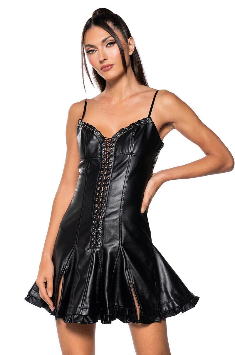 NIGHT OUT LACE UP FAUX LEATHER MINI DRESS Product Image