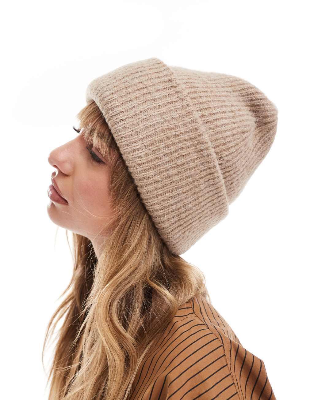 ASOS DESIGN chunky double roll beanie in biscuit Product Image