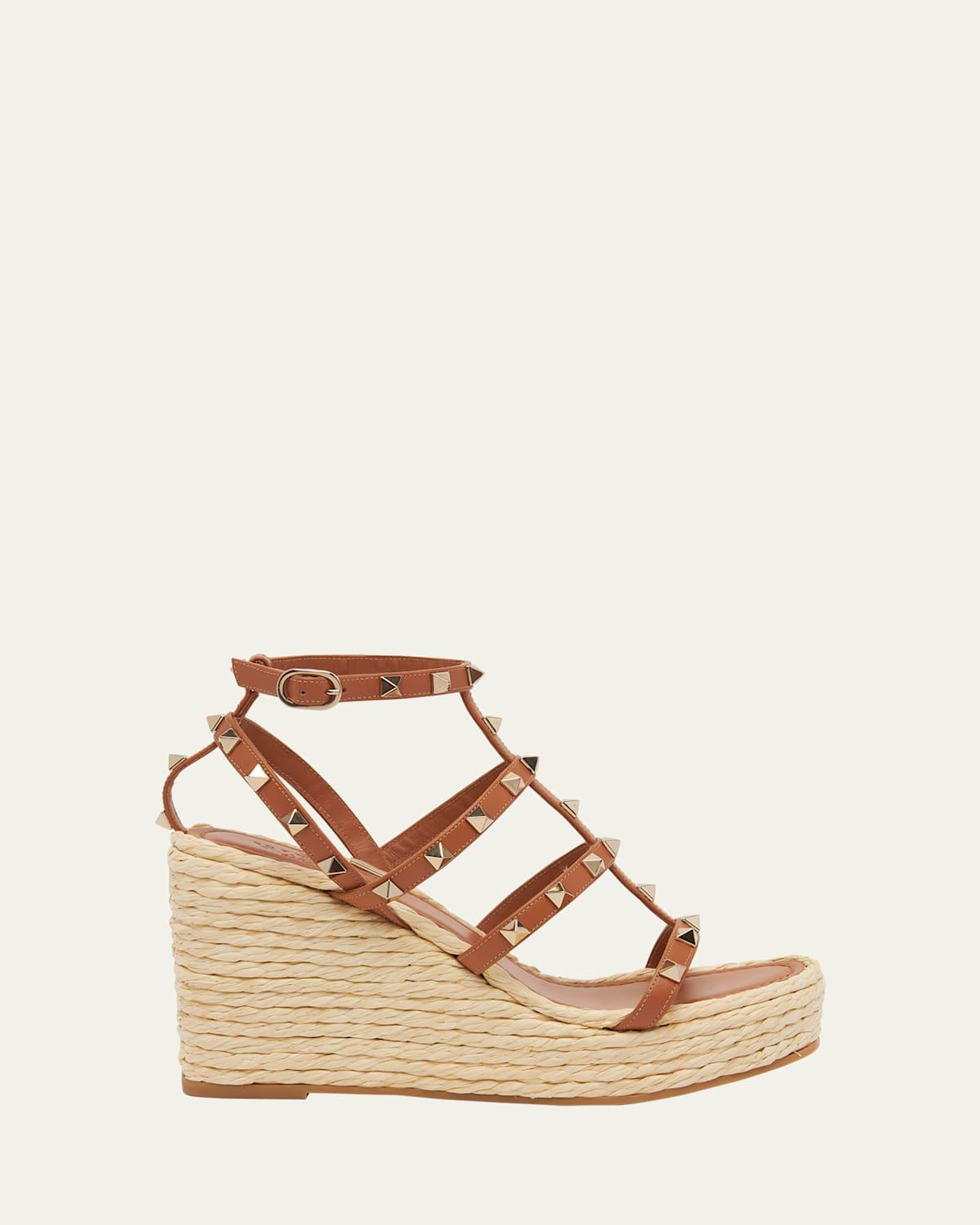 Valentino Garavani Rockstud Espadrille Wedge in Almond Beige & Naturale - Beige. Size 37 (also in 39, 41). Product Image