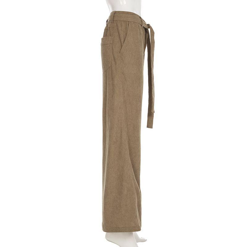 High Waist Plain Corduroy Wide Leg Pants With Belt Product Image