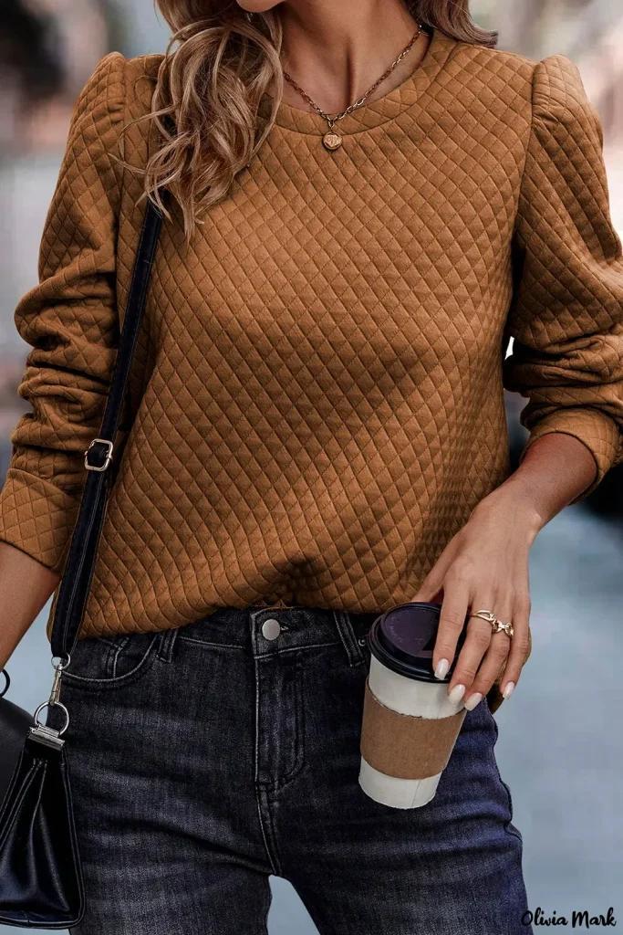 Olivia Mark – Quilted Puff Sleeve Pullover Sweatshirt in Brown, Solid Color product image