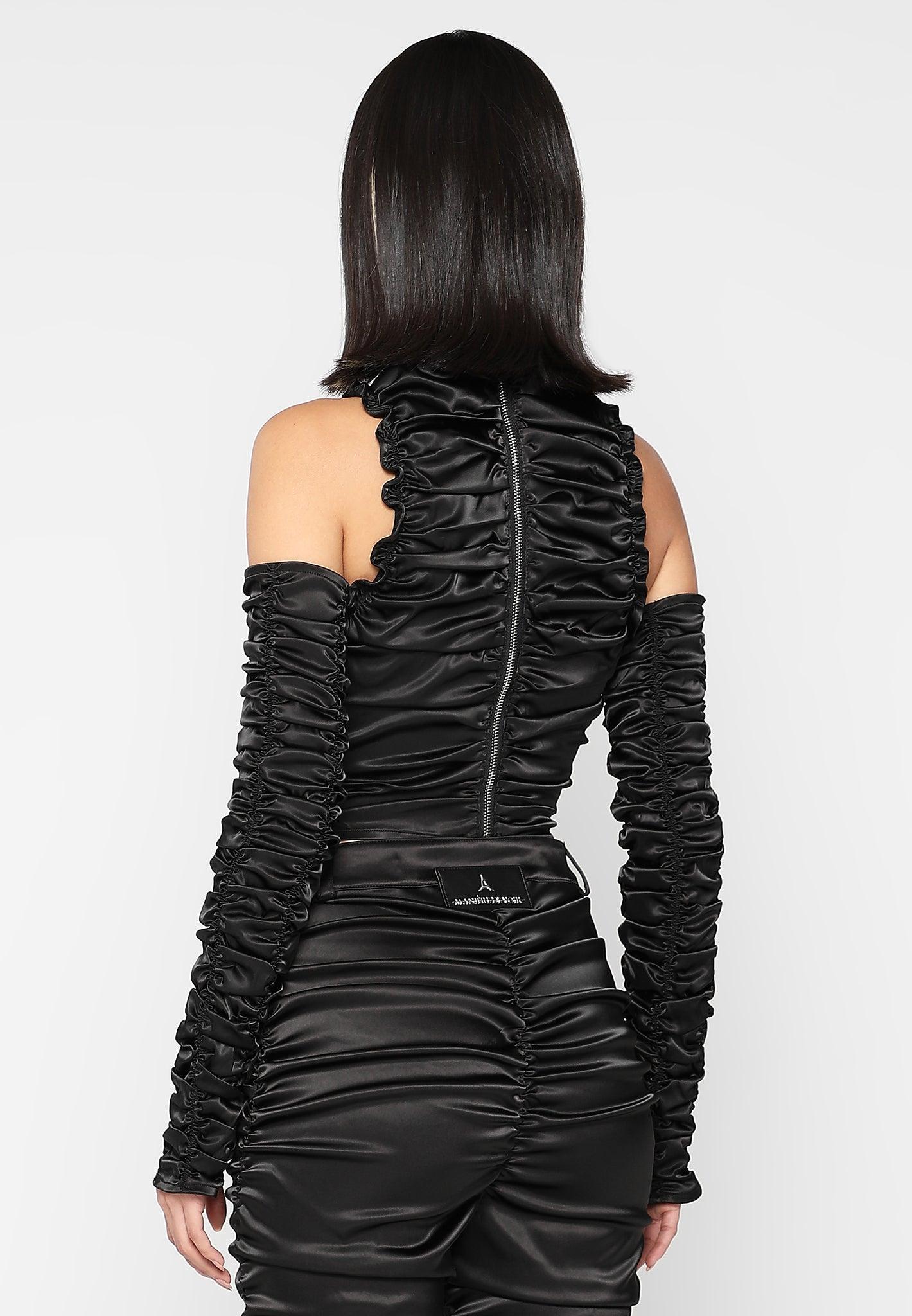 Ruched Satin Top and Sleeves - Black Female Product Image