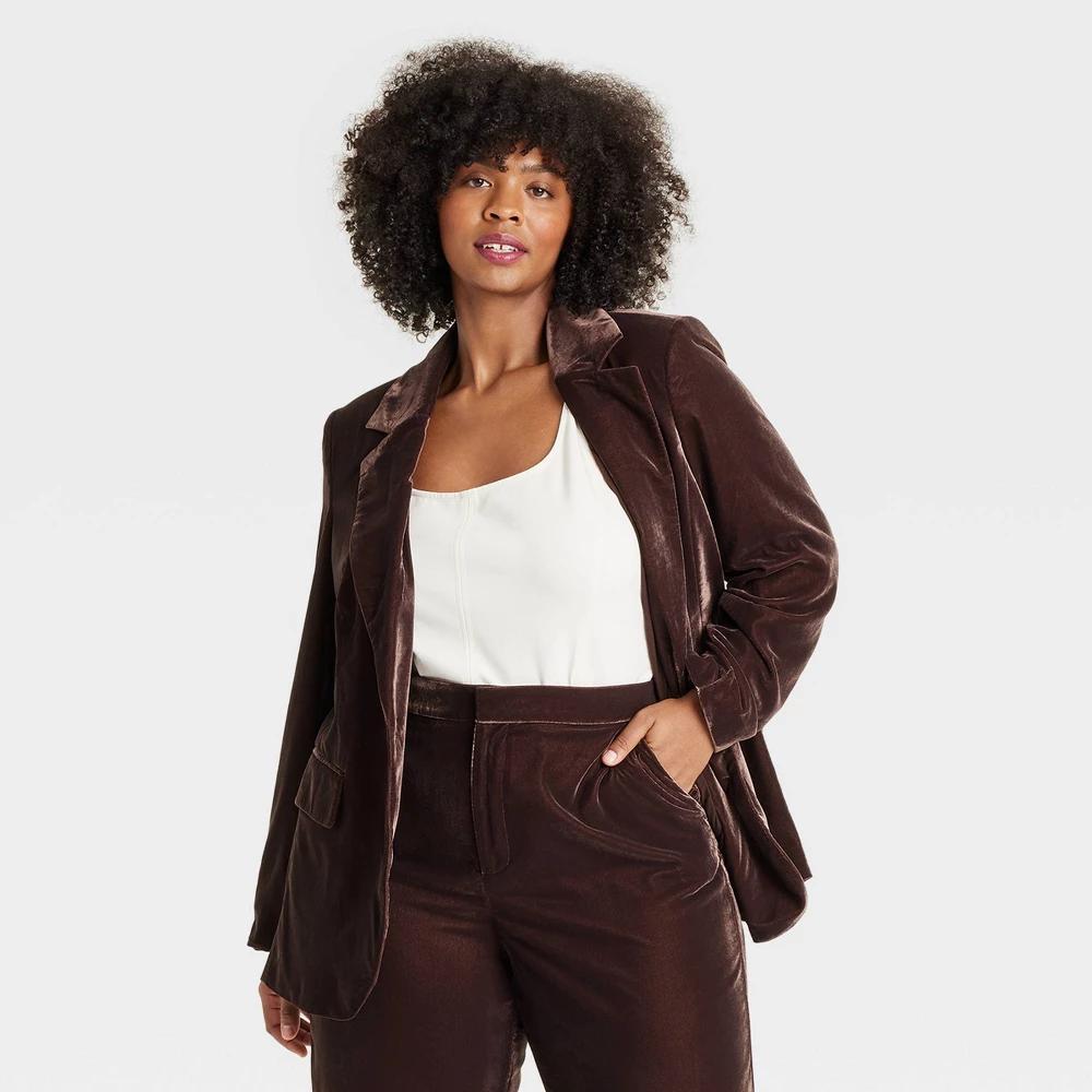 Womens Velvet Blazer - A New Day Brown XXL Product Image