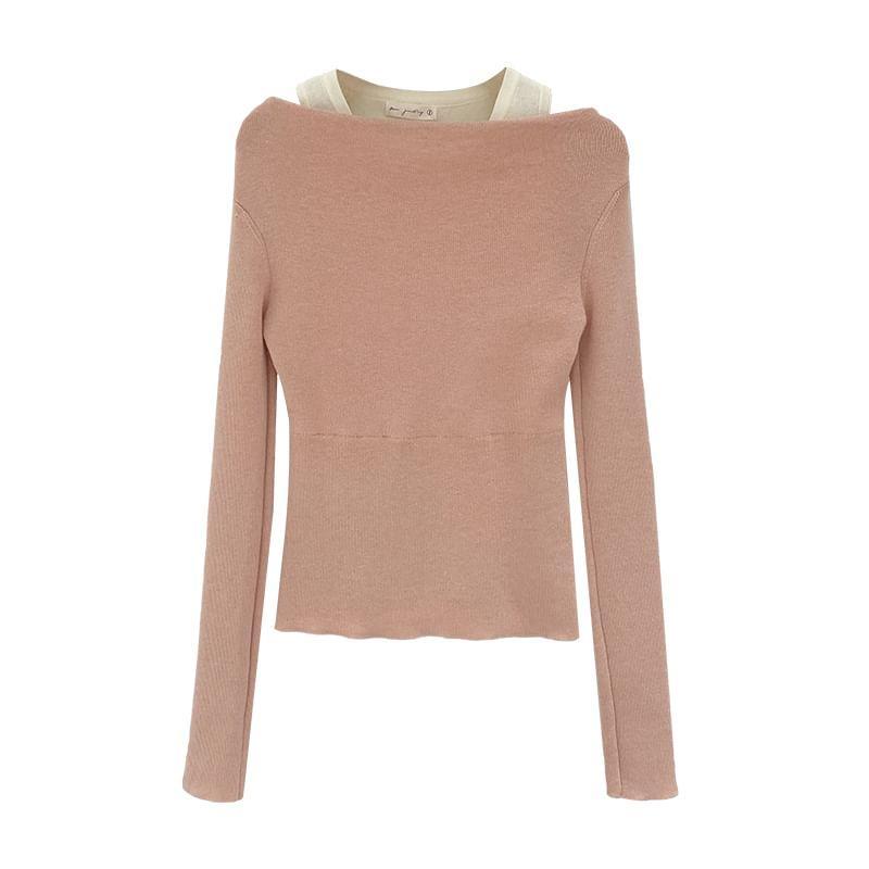 Long-Sleeve Crew Neck Cold Shoulder Mock Two-Piece Two Tone Knit Top Product Image