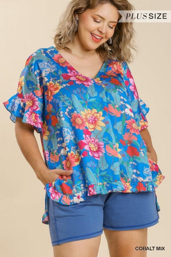 Susanne Satin Floral Print V-Neck Ruffle Hem Top - Reg & Plus! Product Image