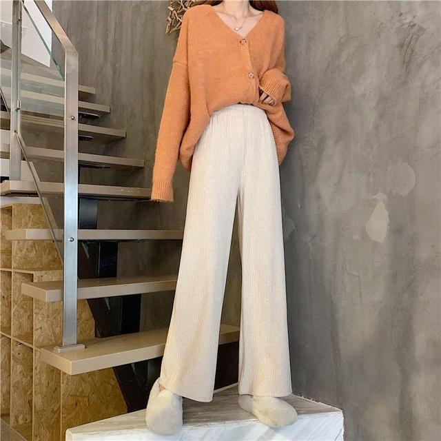 Mid Rise Plain Ribbed Wide Leg Pants (Various Designs) Product Image