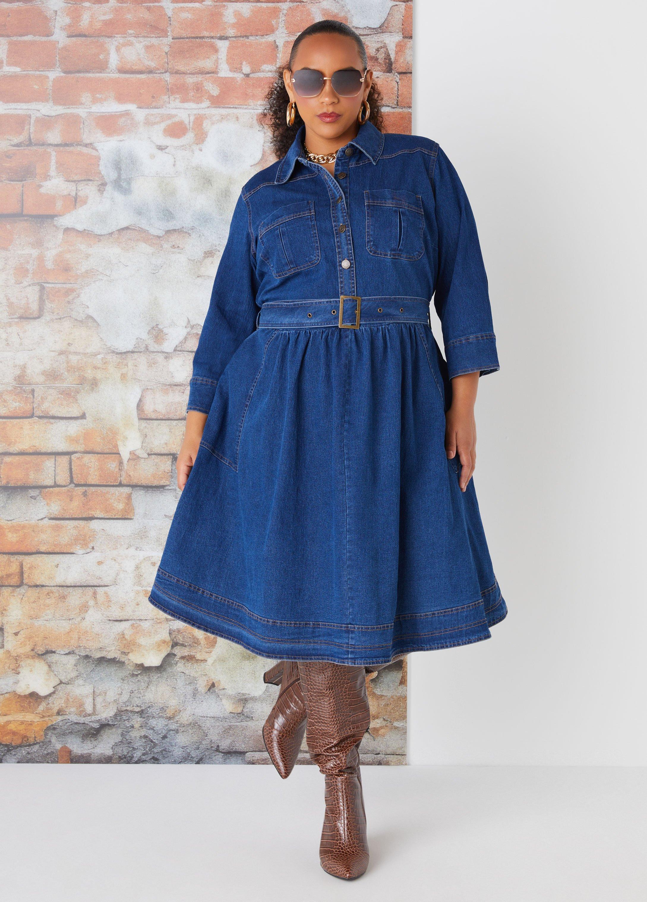 Belted Denim A Line Dress Product Image