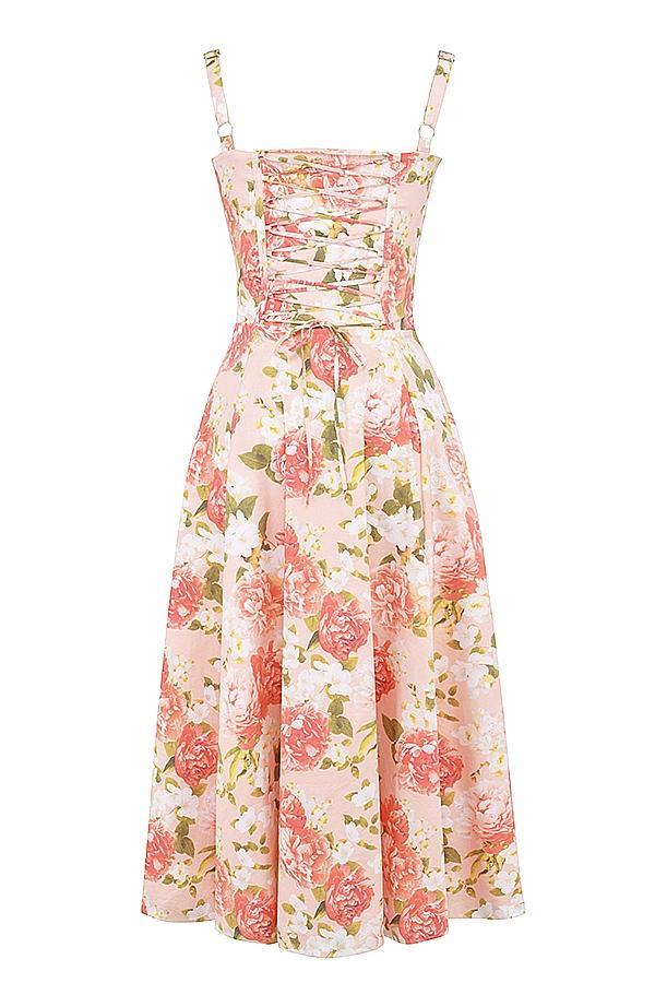 Carmen Pink Peony Print Cotton Bustier Sundress Product Image