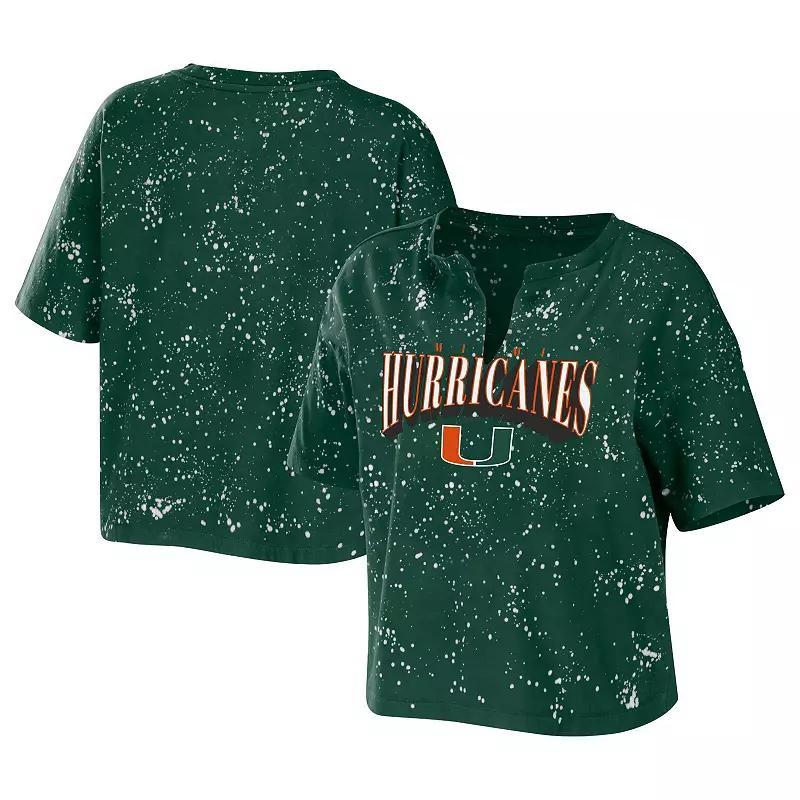 Womens WEAR by Erin Andrews Miami Hurricanes Bleach Wash Splatter Cropped Notch Neck T-Shirt Product Image