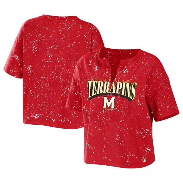 Womens WEAR by Erin Andrews Maryland Terrapins Bleach Wash Splatter Cropped Notch Neck T-Shirt Product Image