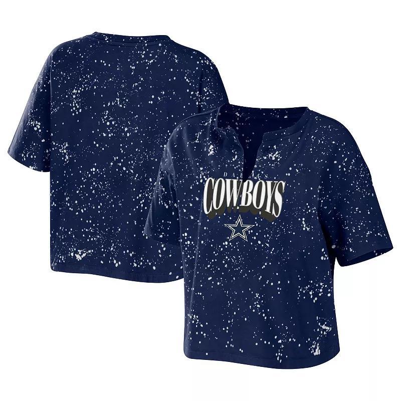 Womens WEAR by Erin Andrews Dallas Cowboys Bleach Wash Splatter Notch Neck Cropped T-Shirt Blue Product Image