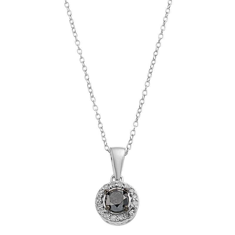 Sterling Silver 1/2 Carat T.W. Black Diamond Solitaire & White Diamond Halo Pendant Necklace, Womens Product Image