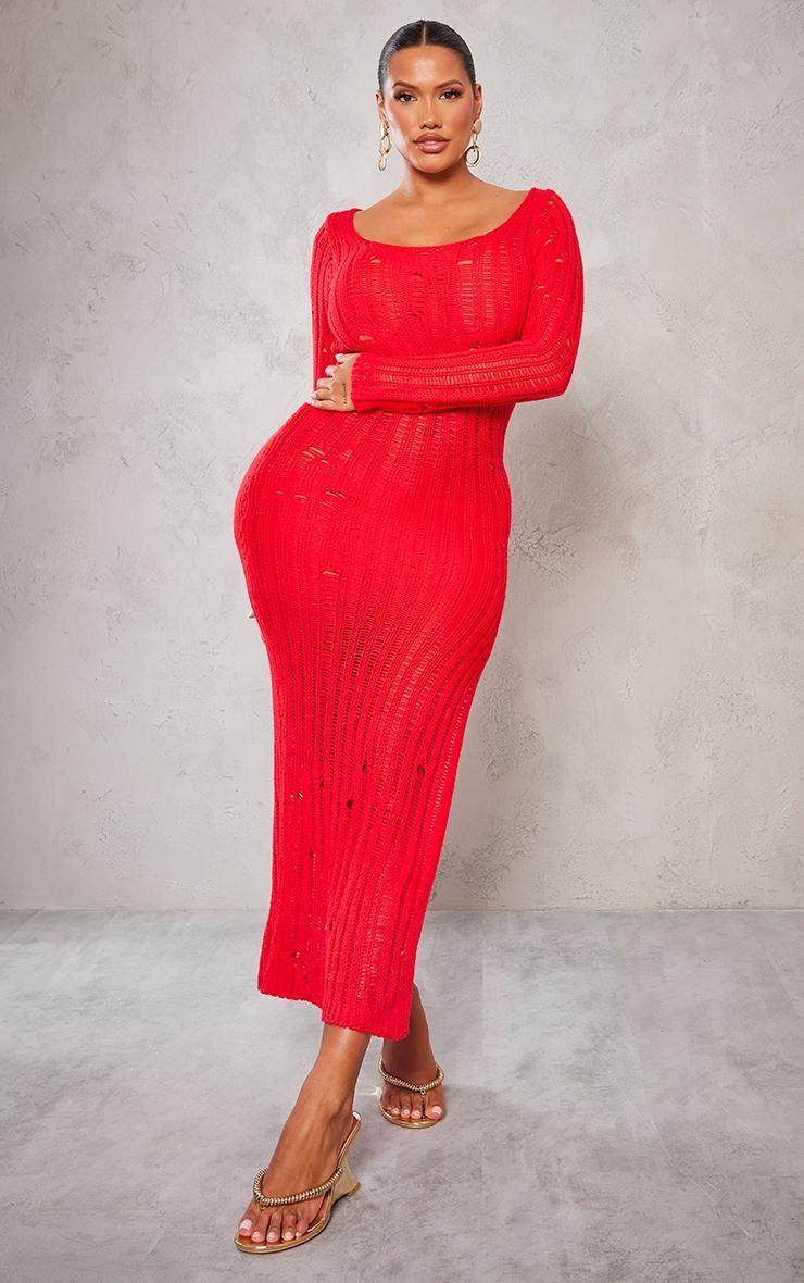 Shape Red Knit Scoop Neck Long Sleeve Maxi Dress Product Image