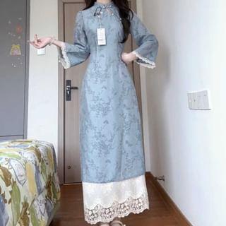 3/4 Sleeve Mandarin Collar Floral Print Mock Two Piece Panel Lace Maxi A-Line Dress Product Image