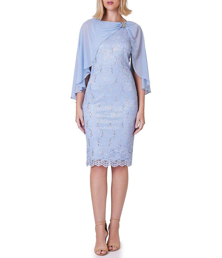 Jessica Howard Petite Size Capelet Sleeve Boat Neck Rhinestone Knot Lace Dress Product Image