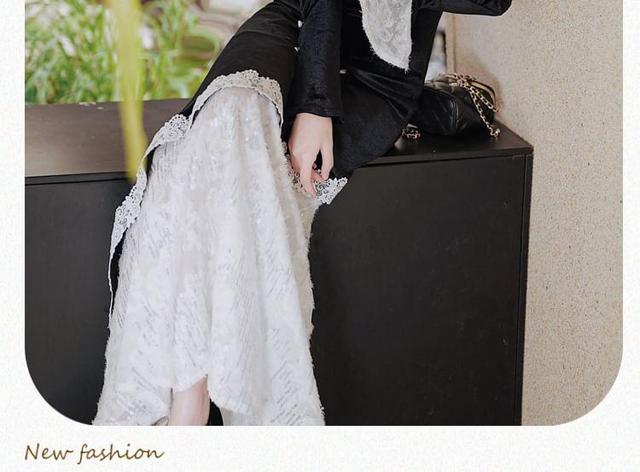 Long Sleeve Mandarin Collar Lace Trim Mock Two Piece Maxi A-Line Dress Product Image