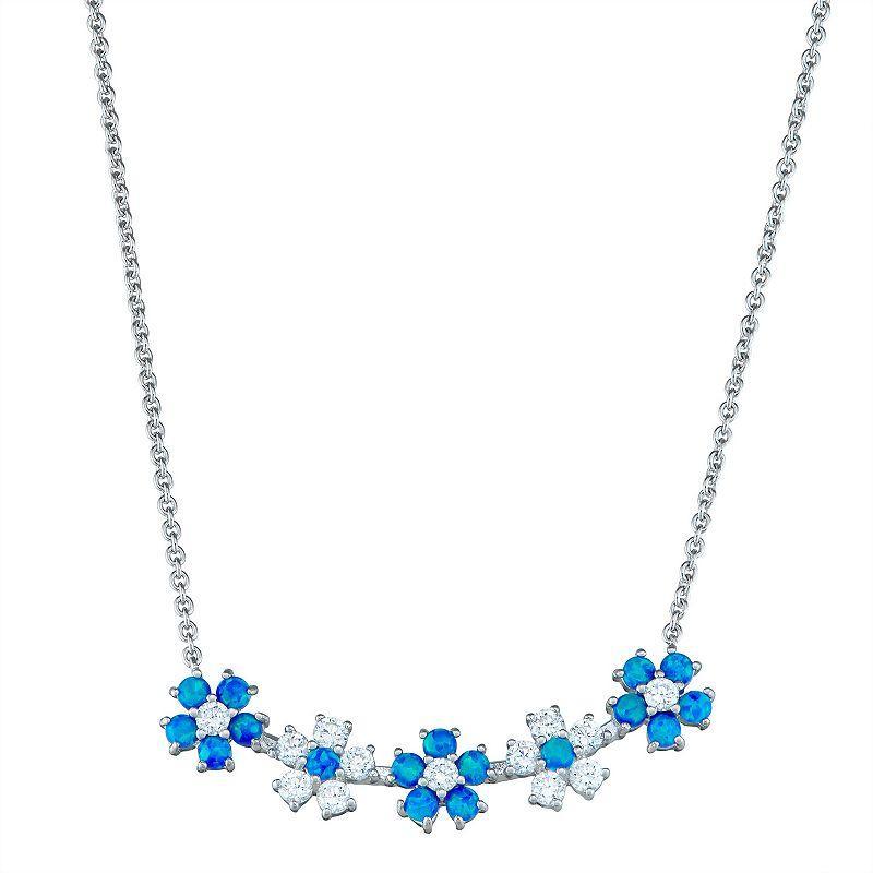 Sterling Silver Lab Created Blue Opal and Cubic Zirconia Flower Necklace, Womens Product Image