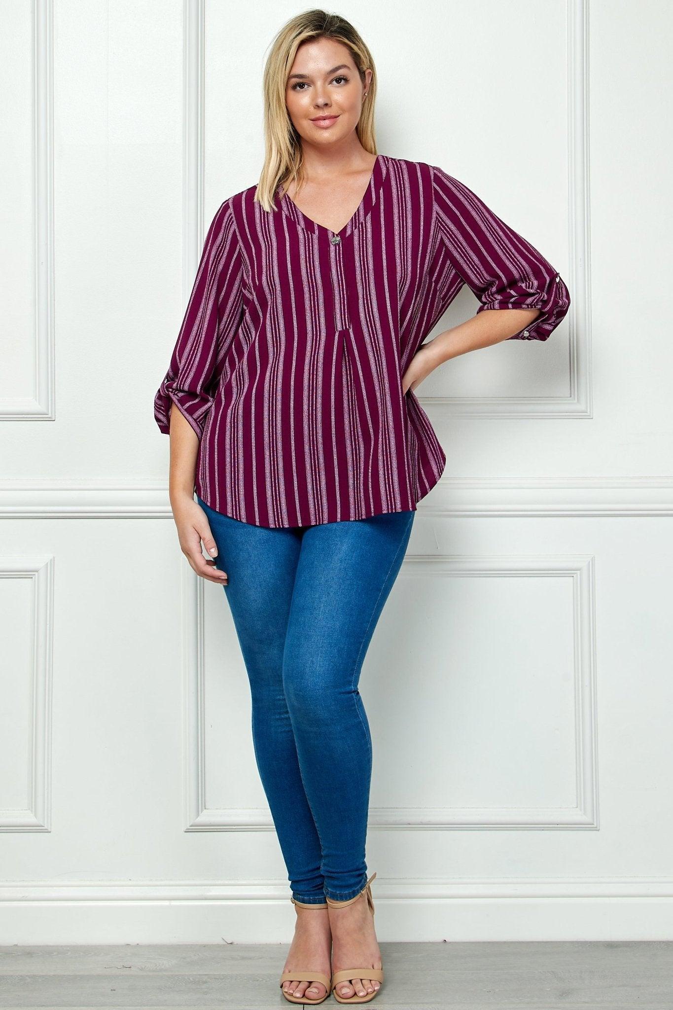 Plum & Cream 3/4 Button Tab Sleeve V Neck Popover - Plus Product Image