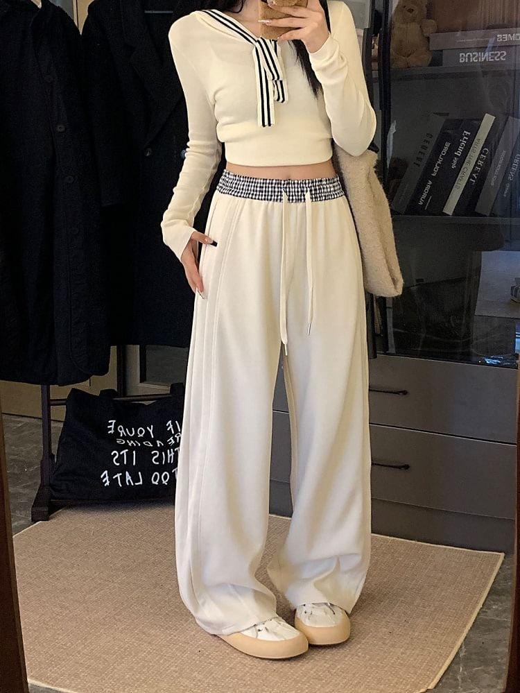 Drawstring Waist Plaid Panel Wide Leg Pants Product Image