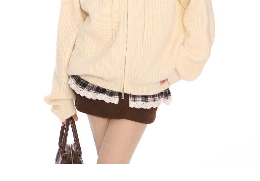 Plaid Panel Drawstring Hooded Ribbed Zip Cardigan Product Image