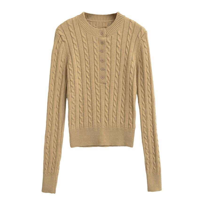 Long-Sleeve Plain Henley Cable Knit Top Product Image