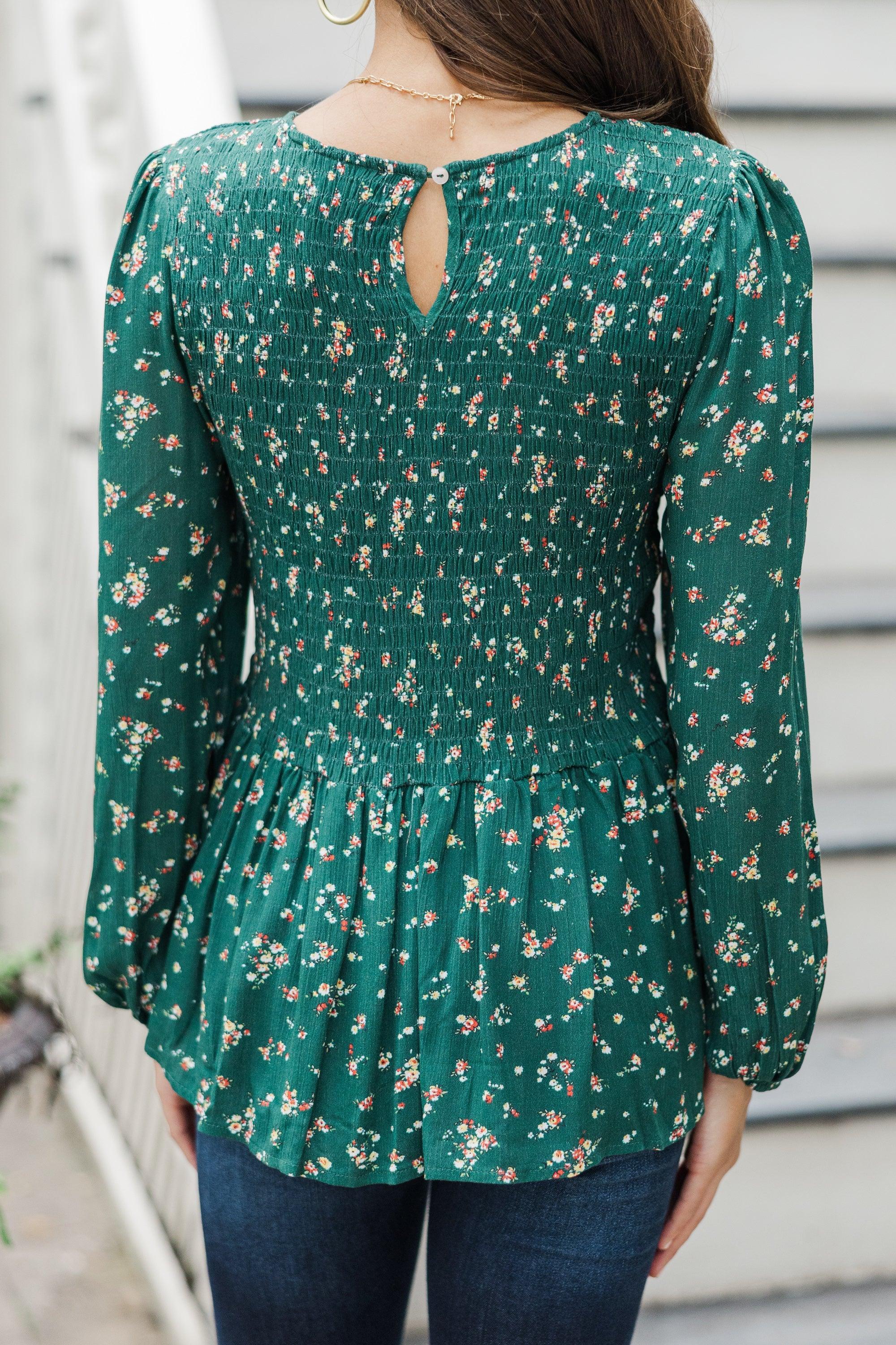 Getting Close Hunter Green Ditsy Floral Blouse Female Product Image