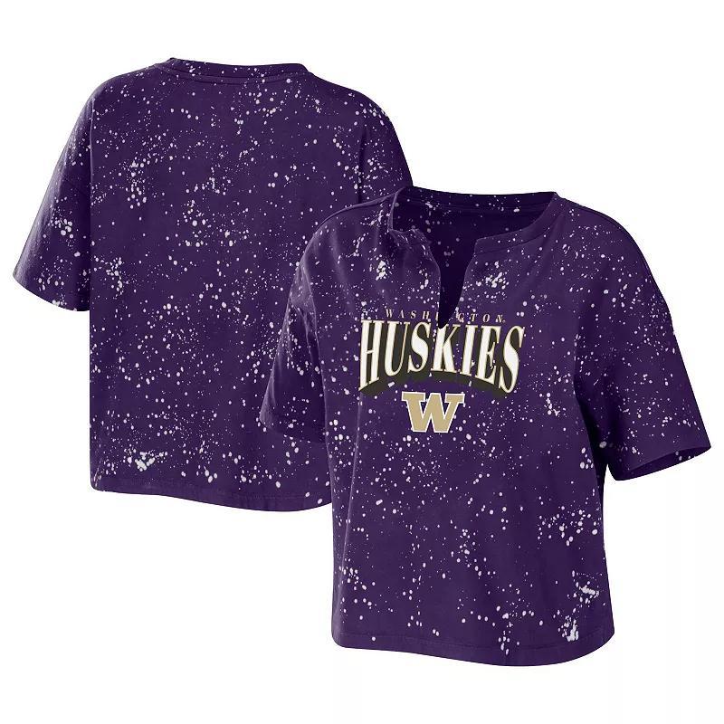 Womens Wear by Erin Andrews Purple Washington Huskies Bleach Wash Splatter Cropped Notch Neck T-shirt Product Image