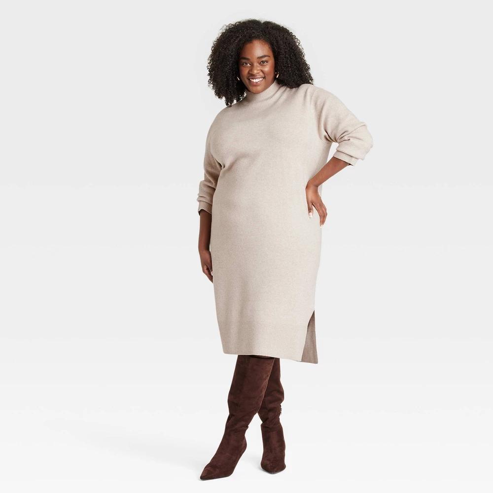 Womens Long Sleeve Midi Sweater Dress - A New Day Taupe 1X Product Image