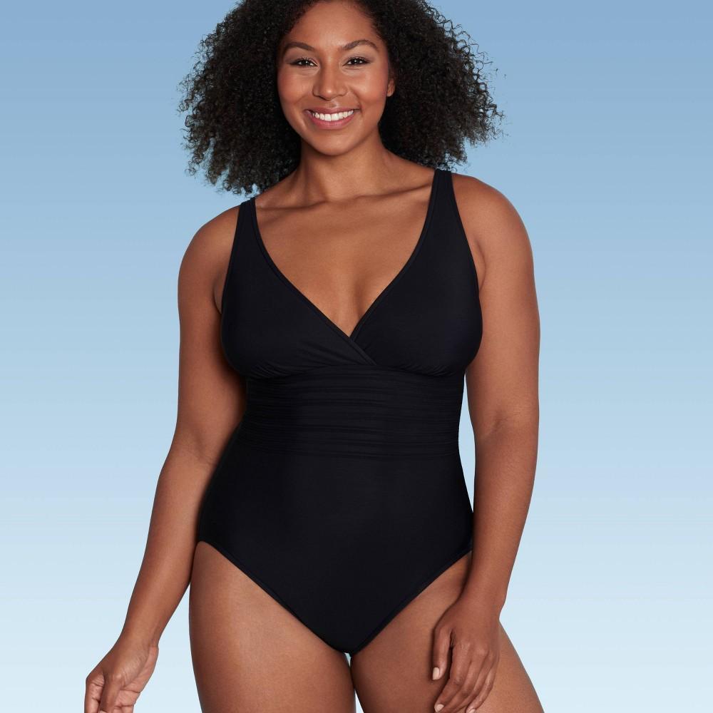 Womens UPF 50 Waist Detail Over the Shoulder One Piece Swimsuit - Aqua Green Black Product Image