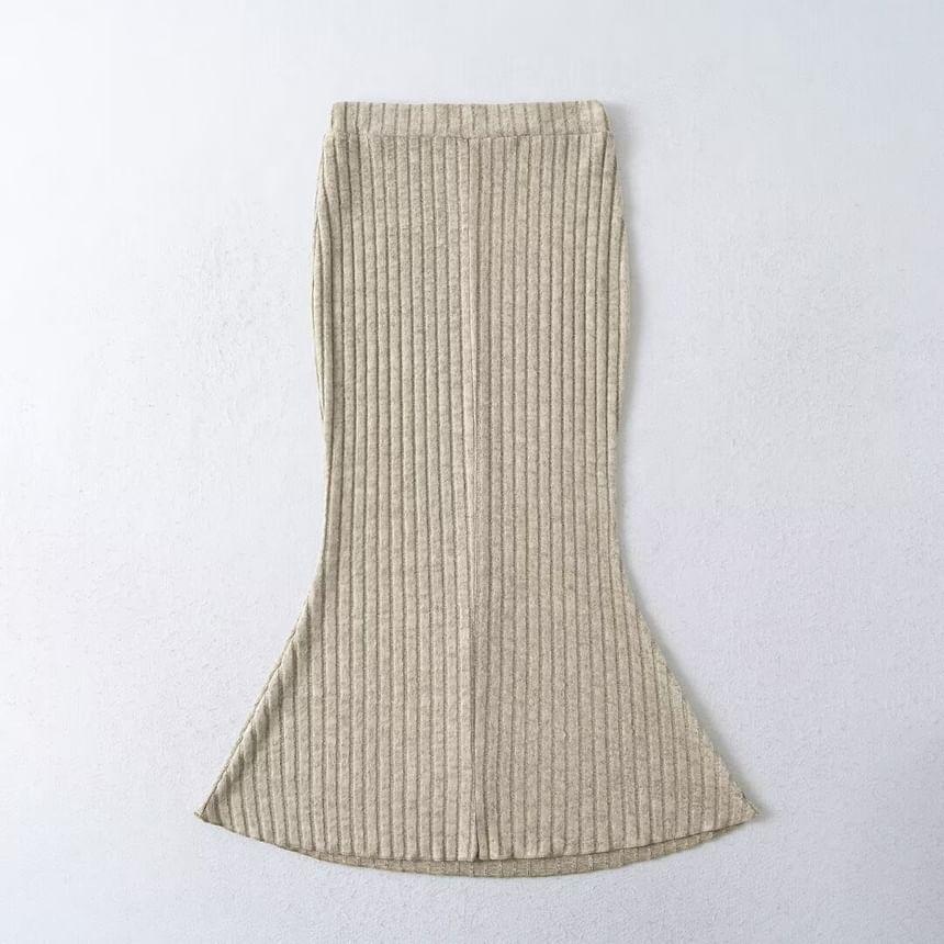 High Waist Plain Ribbed-Knit Midi Pencil Skirt Product Image