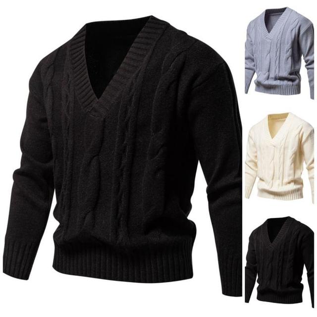 V-Neck Plain Cable Knit Sweater Product Image