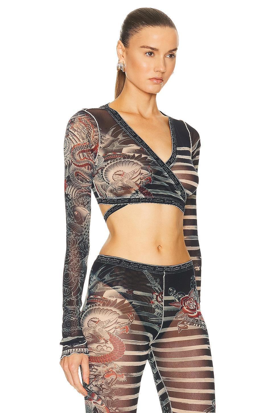 Jean Paul Gaultier Printed Mariniere Tattoo Cache V Neck Long Sleeve Top in Navy Product Image