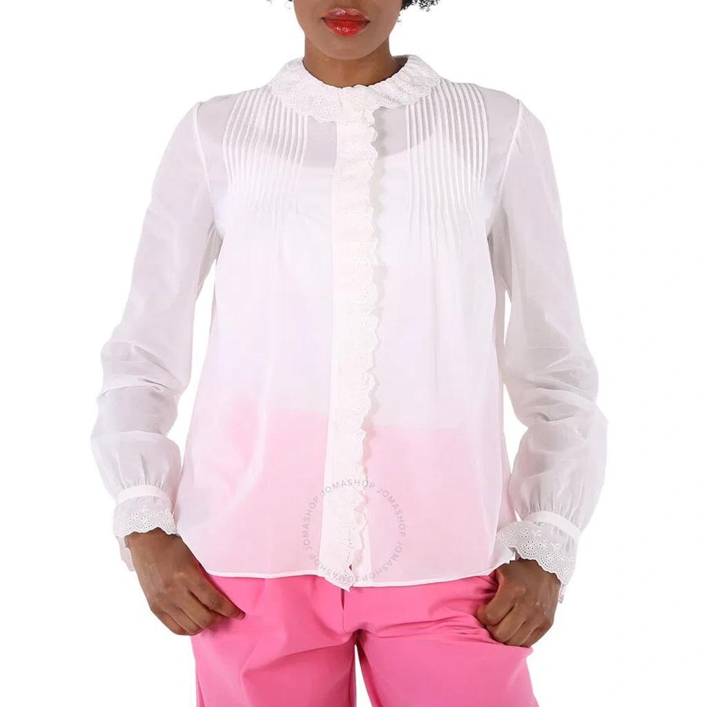 Ladies White Broderie Anglaise Frilled Blouse In Cotton Voile Product Image