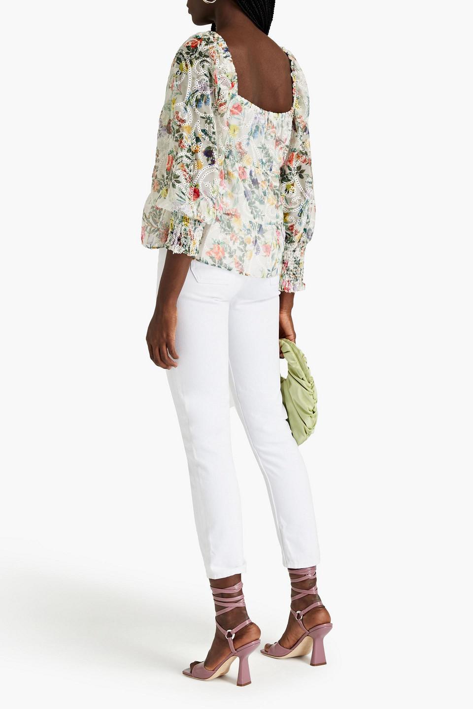 Rowa Floral-print Broderie Anglaise Chiffon Blouse In Off-white Product Image