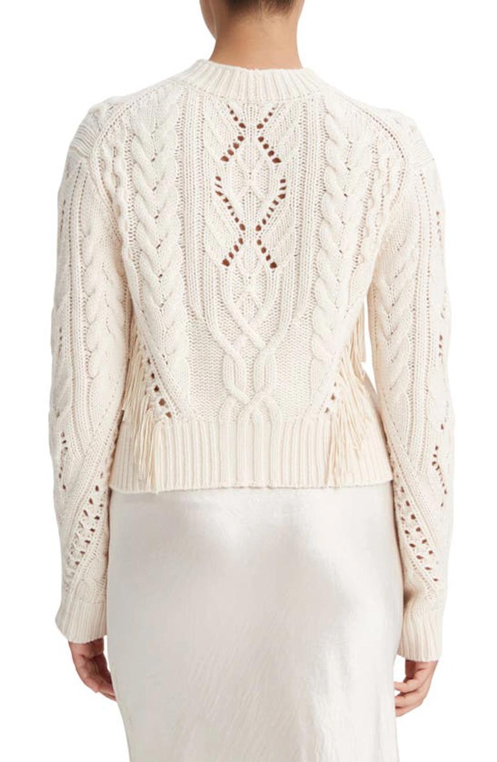 VINCE Wool Fringe-trim Cable-knit Sweater In Beige Product Image