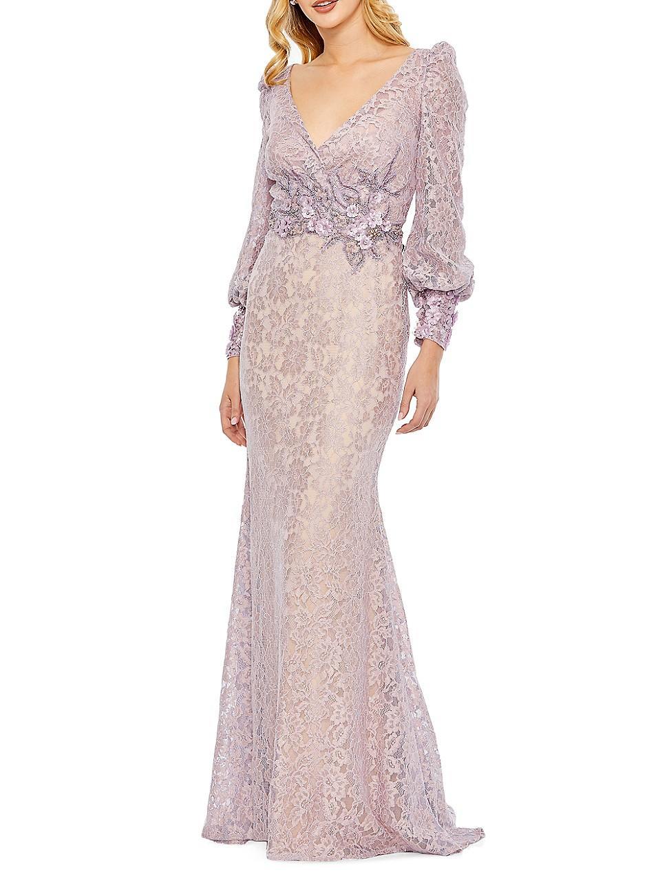 Womens Floral Lace Long-Sleeve Gown Product Image