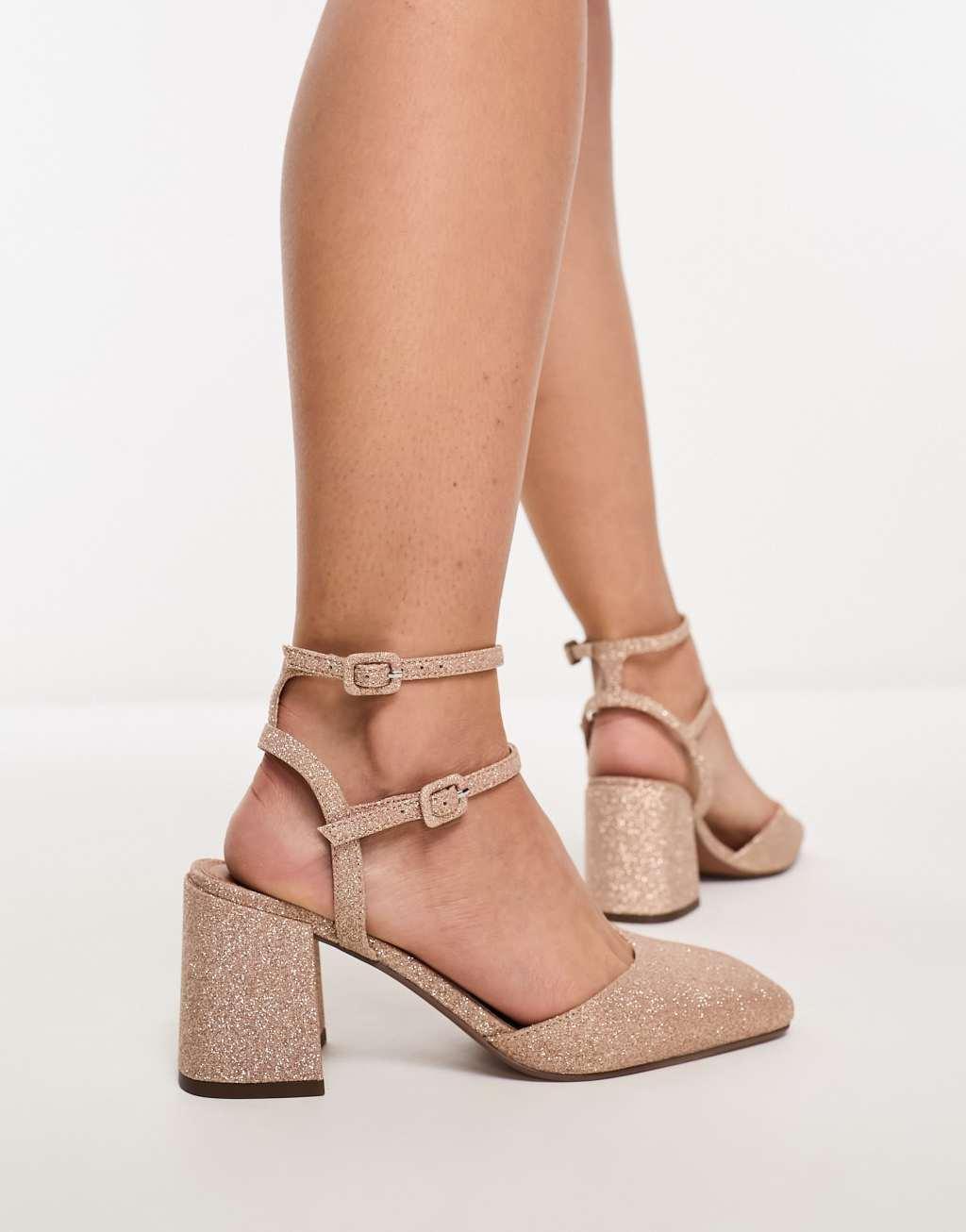 ASOS DESIGN Wide Fit Saffy block heeled mid shoes in glitter Product Image