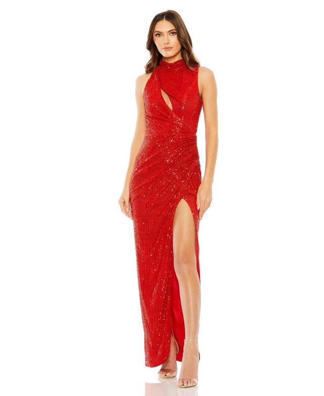 Mac Duggal Womens Sleeveless High Neck Gathered Waist Sequin Gown Product Image