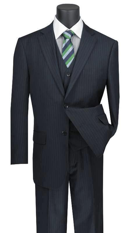 Sovana Collection - Regular Fit 3 Piece Suit 2 Button Tone on Tone Stripe in Navy Product Image