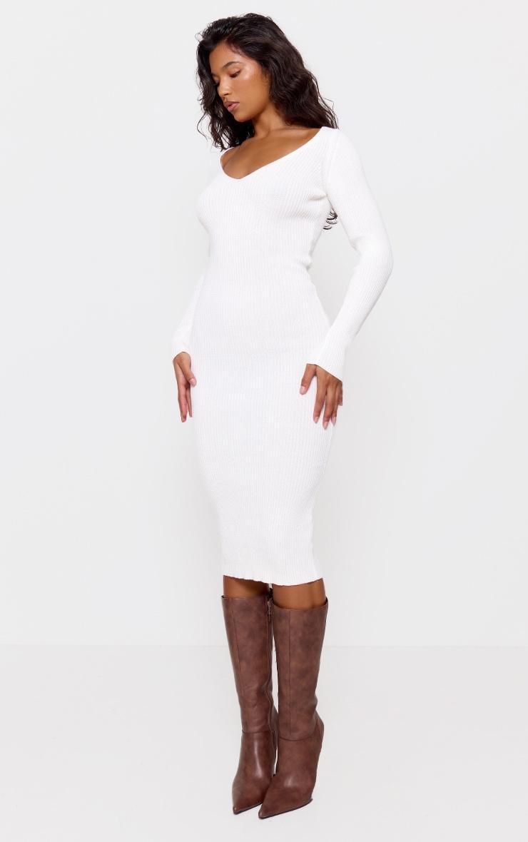 Cream V Neck Knit Midi Dress Product Image