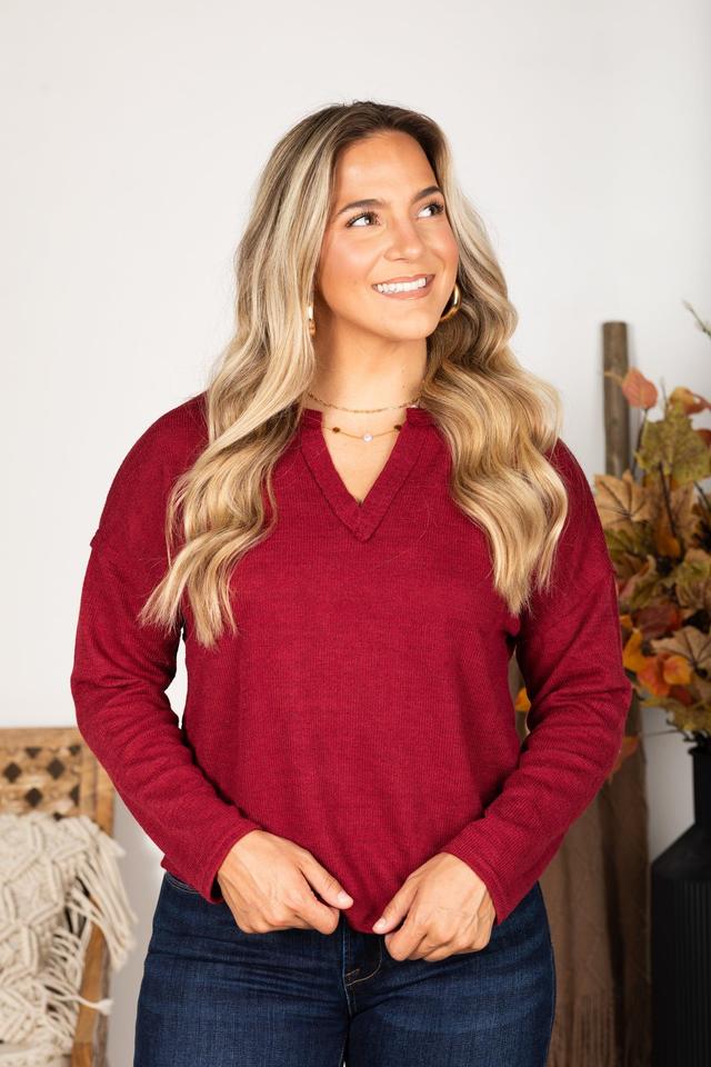 Solid Notch Long Sleeve Knit Top Product Image